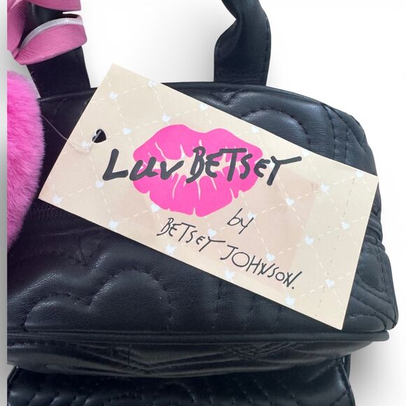 Luv Betsey LB102550 Black Quilted Mini Backpack 10” x 8” Pink Pom Faux Leather main image 4